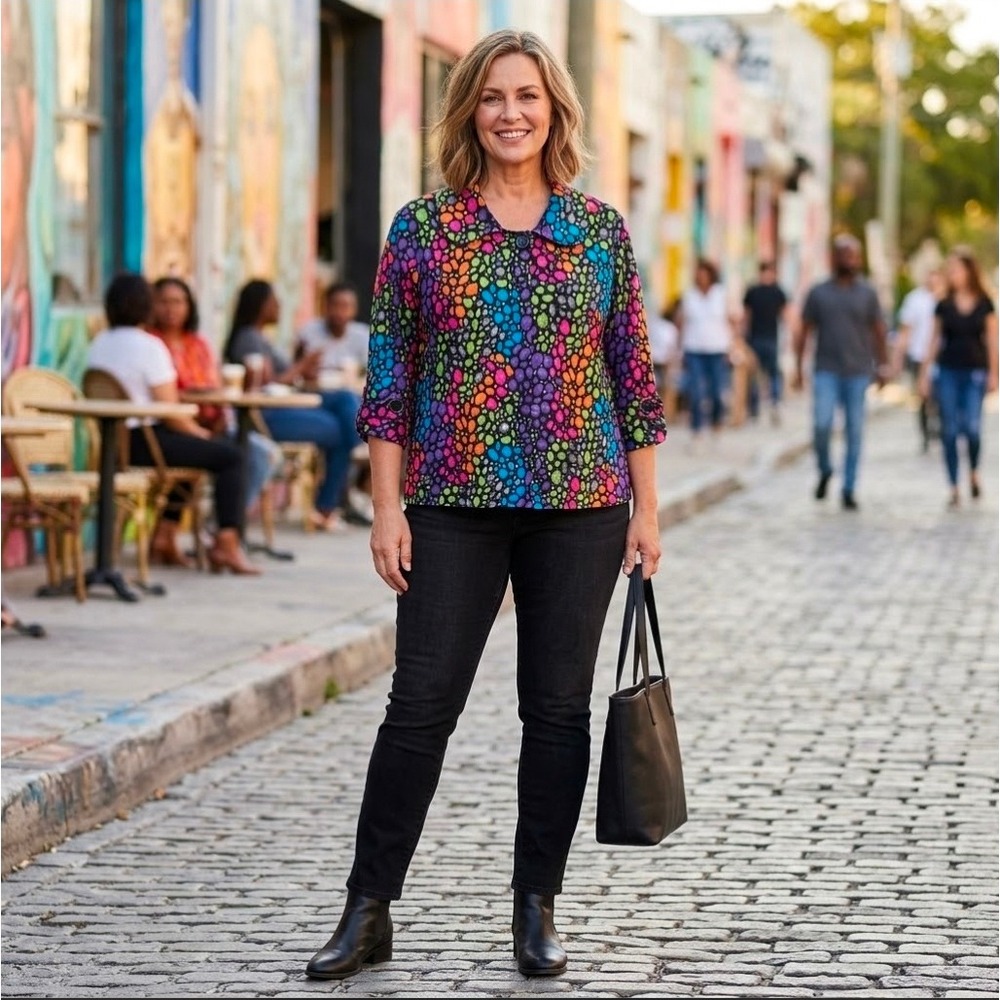 CJ Christopher & Banks Womens 2X Top Shirt Pebble Print Colorful 3/4 Sleeve USA